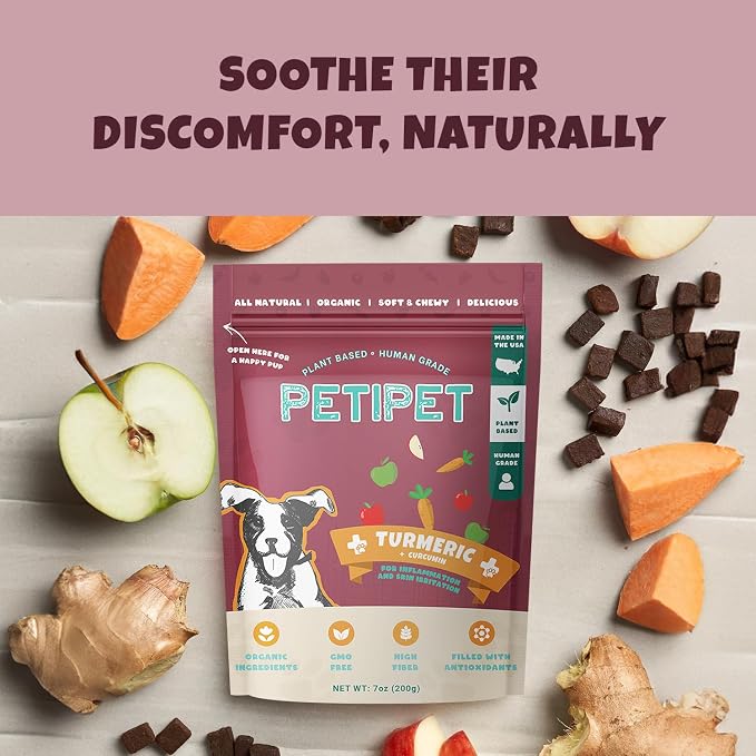 PETIPET Turmeric + Curcumin - Natural, Human-Grade Allergy Relief Soft & Chewy Chews, Hip and Joint Supplement, and Anti-Inflammatory for Dogs
