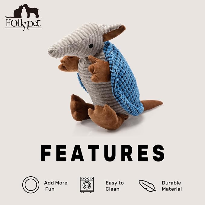 Hollypet Armadillo Squeaky Dog Toys for Medium Large Dogs, 14" | plush stuffed large dog squeak animal toy with unique grunt squeaker textured fabric for teeth cleaning toys