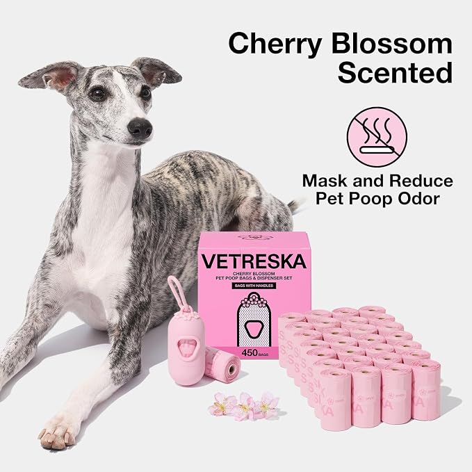 VETRESKA Dog Poop Bags with Handles 450 Count, Floral Scented Waste Bags, Leak-Proof Thick Dog Bags for Poop, Easy-Tie Large Poop Bags, 30 Refill Rolls with 1 Dispenser for Dog Walking Cat Litter