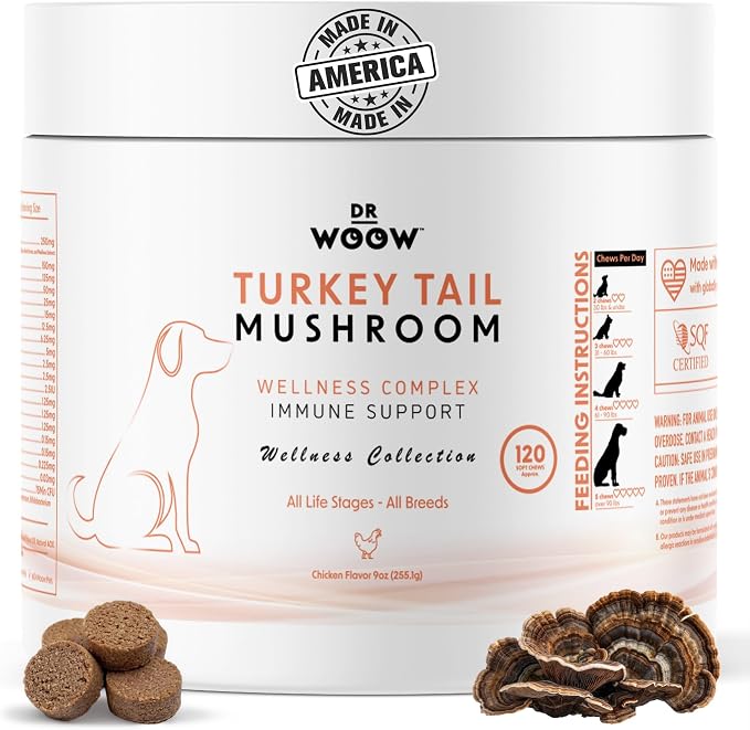 Turkey Tail Mushroom Chews for Dogs (120 Soft Chews) – Immune Support & Gut Health – 7 Mushroom Blend, Salmon Oil & Probiotics – Daily Wellness Supplement – Made in USA – Dr. Woow