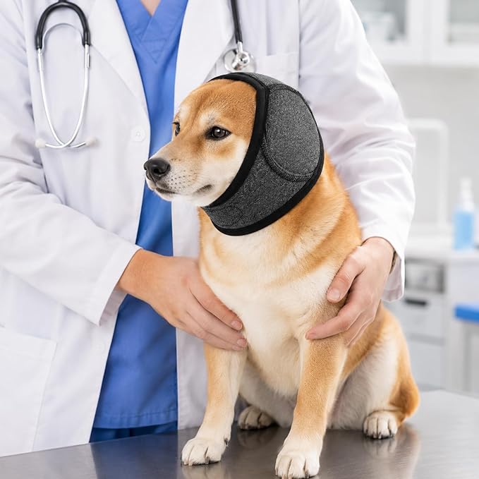 Noise Cancelling Ear Wrap, Dog No Shake Ear Wraps, Comfortable Quiet Dogs Calming Hoodie, Adjustable, Effectively isolates Noise from Fireworks, Thunder, and Vacuum Cleaners (Gray, S)