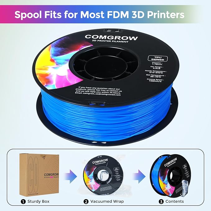 Comgrow TPU Filament 1.75, 3D Printing Filament, Flexible 3D Printer Filament, 95A Soft 3D Printing Filament fit Most 3D Printers Dimensional Accuracy +/- 0.02mm Filament TPU Blue 1kg (2.2lbs)