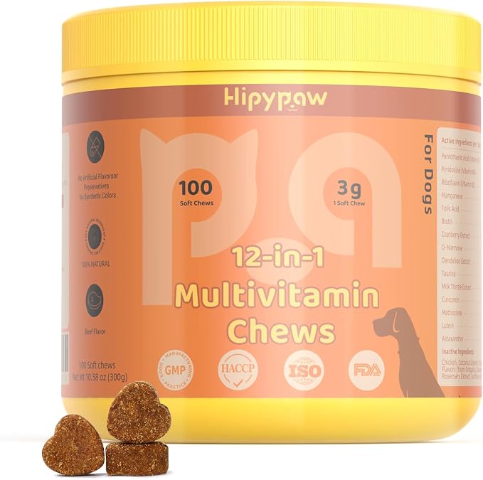 12-in-1 Dog Multivitamin Chewable: Dog Vitamins & Supplements with Chondroitin Glucosmine Probiotics Omega 3 Cod Liver Oil CoQ10 Astaxanthin for Joint Gut Heart Eye Brain Immune Support