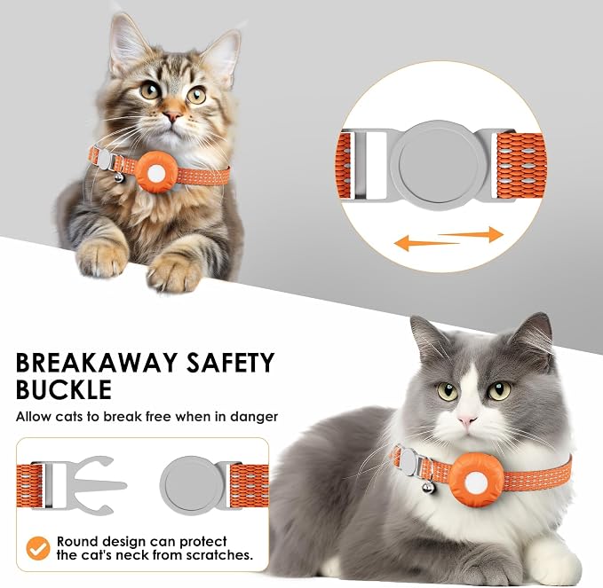 Cat Tracker, GPS Tracker Compatible with Apple Find My App(Only iOS), Waterproof Cat Tracker Collar with Bell and Safety Elastic Buckle, No Monthly Fee Pet Trackers for Vehicles, Pets, Kids,Orange