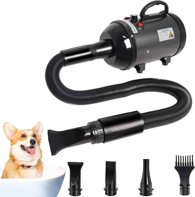 Dog Dryer for Large Dogs 5.2HP 3800W High Velocity Pet Hair Dryers | with Heater for Grooming, Spind Temperature Adjustable Pet Dryer Machine with 4 Nozzles (Black)