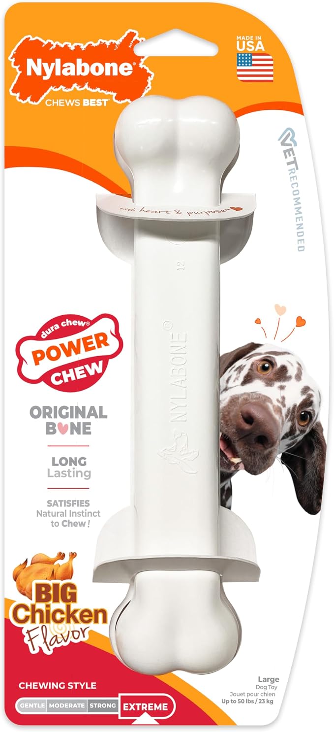 Nylabone Power Chew Classic Bone Chew Toy for Dogs, Durable Dog Toys for Aggressive Chewers, Chicken Flavor, Large/Giant - Up to 50 lbs. (1 Count) | Durable, discourages destructive chewing, long lasting, flavor throughout, keeps dogs busy, for dogs up...