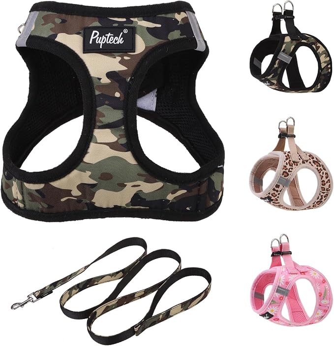 PUPTECK Dog Harness and Leash Set for Small Medium Dogs No Pull Step-in Soft Mesh Puppy Cat Vest Harnesses Reflective at Night, Camouflage, L