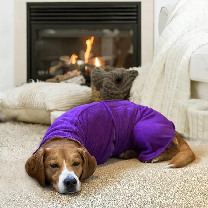 Geyecete Dog Drying Coat - Fast Drying Dog Bathrobe Towel - Microfibre Super Absorbent Pet Cat Bath Robe, Luxuriously Soft Purple XL
