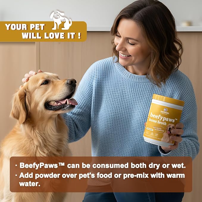 Zammex Grass-Fed Beef Bone Broth Protein Powder for Dogs & Cats - Joint & Bone Support, Gut Health & Immune Support, Healthy Fur Enhancer, Pet Food Topper for Dry & Wet Food, 10.58oz