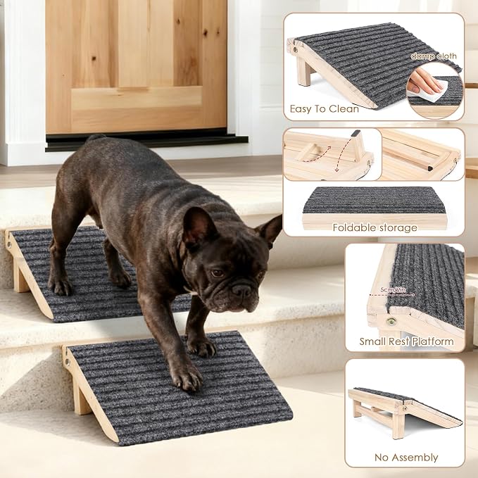 Foldable Dog Ramp for Stairs, Wooden Dog Stairs for Small Dogs | 4.2"H, 2 Pack, Up to 170 lbs, Assist Elderly/Injured Small Dogs, Anti-Slip Carpet Surface, Natural Solid Wood, No Assembly