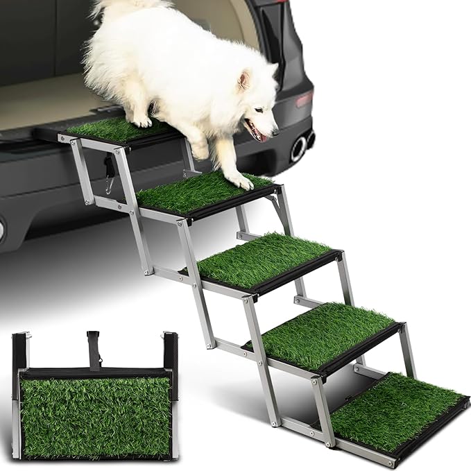 Dog Stairs for Car, Portable Folding Dog Ramps,Doggy Steps for Large Dogs with Non-Slip Grass Rug for Cars, SUV, Trucks,Lightweight Pet Ramp Supports Up to 200 lb, 5 Steps