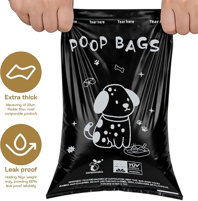 100% plant-based Dog Poop Bags Rolls, ASTM D6400 & EN 13432 Compliant, 120 waste bag including dispenser, 13 in × 9 in black poop bags for dogs, Super thick 100% leak proof
