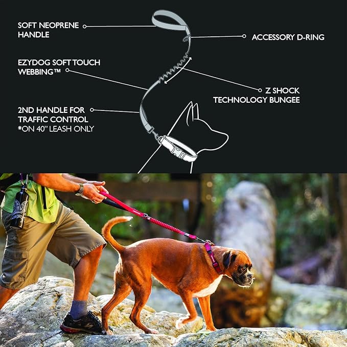 EzyDog Zero Shock - Bungee Dog Leash, Shock Absorbing - 72-Inch, Black | Padded Neoprene Grip, Traffic Handle, Reflective Stitching, Strong for All Size Pullers, 1" Soft Touch Webbing for Durability