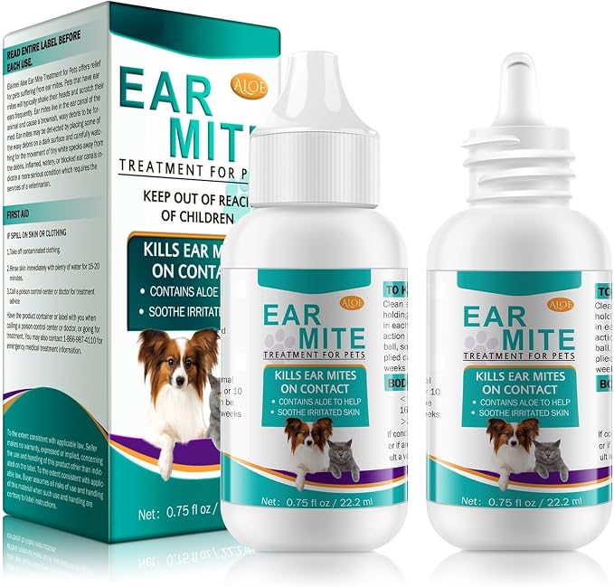 2 Pack Ear Mites Clean for Dogs & Cat with Aloe Vera, Fast-Acting