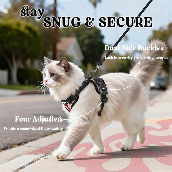 rabbitgoo Cat Harness and Leash Set, Escape Proof Vest, Berry Pounce | Soft Breathable Mesh, Easy Adjustable Fit, Snap Buckles, Sturdy Clip, Reflective Strips, for Average Cats Walks, S