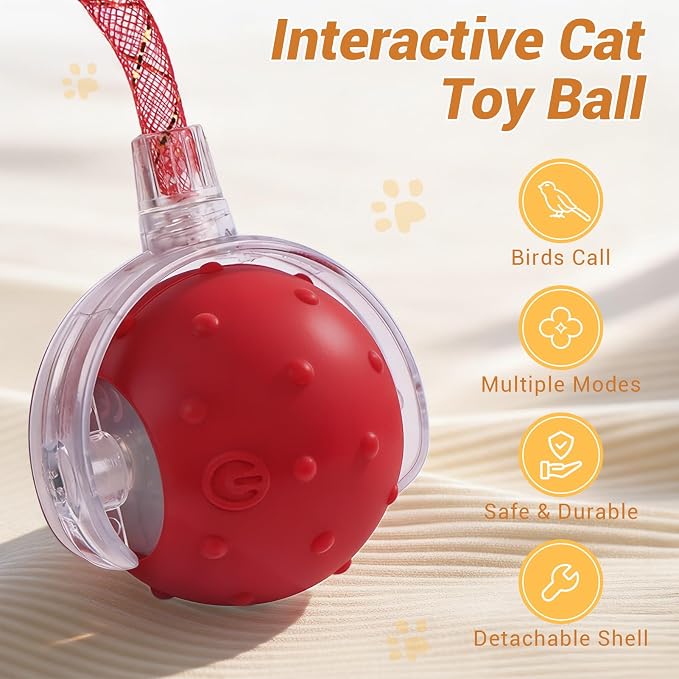 Interactive Cat Ball Toy, Motion Activated Electric Rechargeable Cat Toy | Interactive Mode, Fast&Slow Mode, Standby Mode Save Power, 2 Tails, Chirping, Self Play Toy for Bored Indoor Cats & Kittens