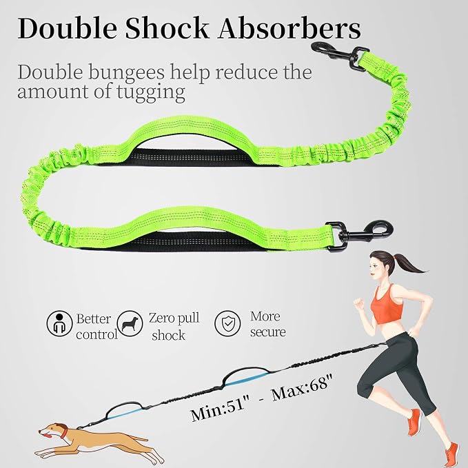 iYoShop Hands Free Dog Leash with Zipper Pouch, Large, 25-120 lbs, Green | Waist Leash, Dual Padded Handles, Shock-Absorbing Bungee, Adjustable Waist Belt, Walking and Running