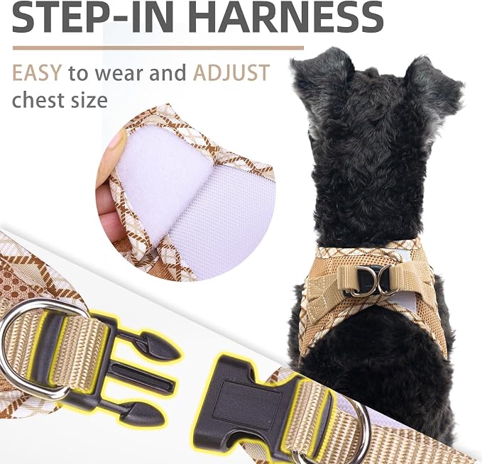 PUPTECK Dog Harness and Leash Set for Small Medium Dogs No Pull Step-in Soft Mesh Puppy Cat Vest Harnesses Reflective at Night, Beige S