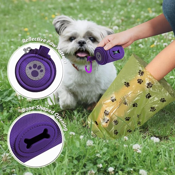 FURHAB Dog Poop Bag Holder for Leash Doggie Waste Bag Dispenser Soft Fabric Puppy Potty Carrier Small Doggy Zipper Pouch with Carabiner Clip 1680D Nylon Oxford with 1 Roll of Pet Trash Bags, Purple