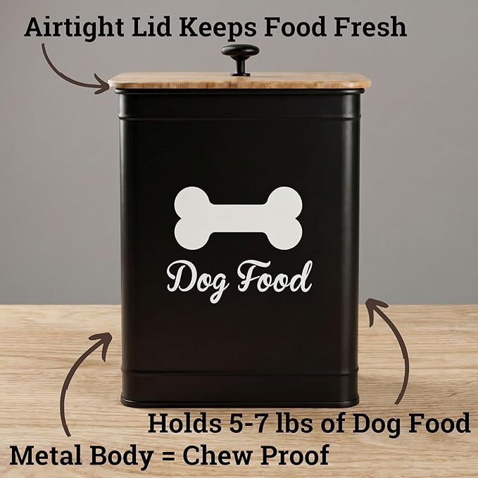 Metal Dog Food Container 5-7lb, 7lb, Iron + Bamboo Lid, Black: Bone