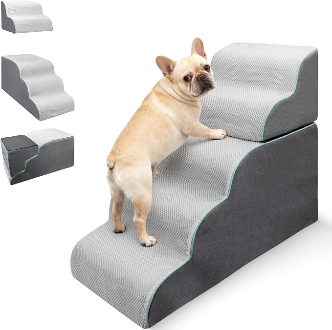 Dog Stairs for High Bed, 27.9 Inch Height 5-Step,Foldable Pet Stairs for Small Dogs and Older Pets,Curved 2 in 1 with Zippers Non-Slip Balanced Pet Ramp,Grey
