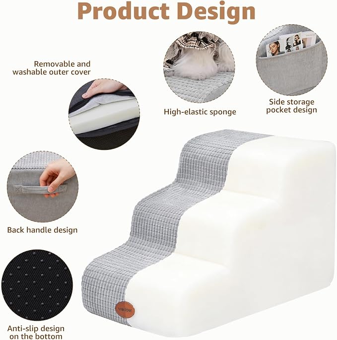Woochpet Woochpet Dog Stairs for Small Dogs, 15.7”H Ramp 3 Tier Wider Curved Pet Stairs for Couch and Beds，Weighted Base Plate Indoor Dog Steps with Non-Slip Bottom and Washable Cover for Old Cats