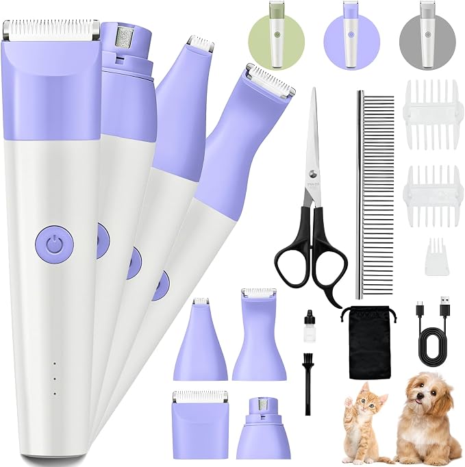 4-in-1 Dog Clippers Grooming Kit - Paw Trimmer & Nail Grinder, Purple