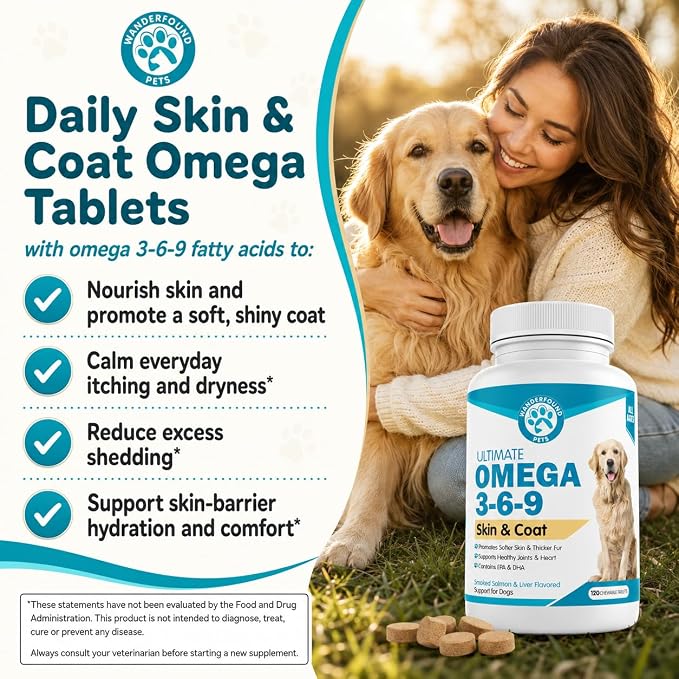 Wanderfound Pets - Omega 3 Fish Oil for Dogs, Smoked Salmon and Liver Flavor, 120 Chewable Tablets