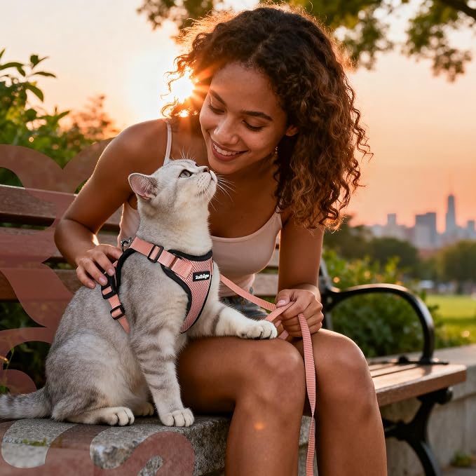 rabbitgoo Cat Harness and Leash Set, Escape Proof Vest, Light Salmon Pink | Soft Breathable Mesh, Easy Adjustable Fit, Snap Buckles, Sturdy Clip, Reflective Strips, for Small & Average Cats Walks, Xs