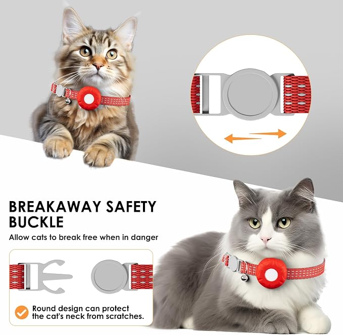 Cat Tracker, GPS Tracker Compatible with Apple Find My App(Only iOS), Waterproof Cat Tracker Collar with Bell and Safety Elastic Buckle, No Monthly Fee, Territory & Location History (Red)