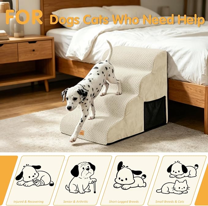 Topmart High Density Foam Dog Stairs 4 Tiers,Extra Wide Deep Pet Steps,Non-Slip Pet Stairs,Dog Ramp for Bed,Best for Older Injured Pets,Cats with Joint Pain