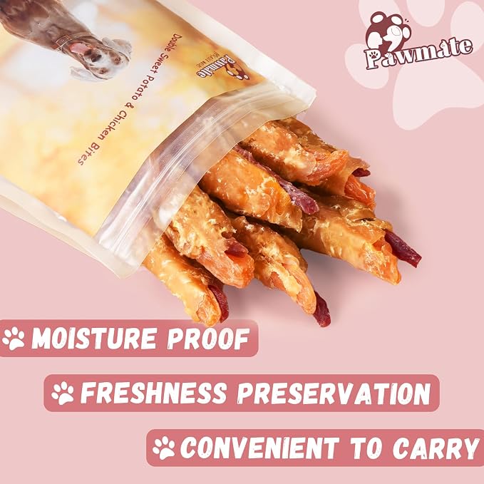 Pawmate Dog Treats Double Sweet Potato & Chicken Wraps, Healthy Chicken Jerky Dog Chews High Protein Low Fat, Chewy Training Snacks for Small Medium Large Dogs, 12-15 Counts
