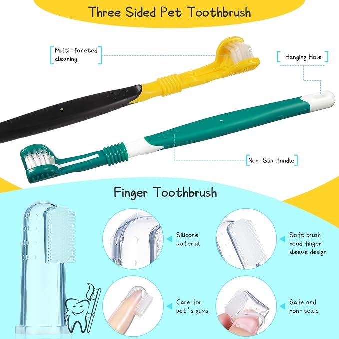 CHENGU 7 Count Dog Teeth Cleaning Kit Includes Tooth Scaler and Tarter Remover Scraper 3 Head Pet Toothbrush and Dog Finger Toothbrush Plaque Remover Tools(Classic Style,Black Yellow and Dark Green)