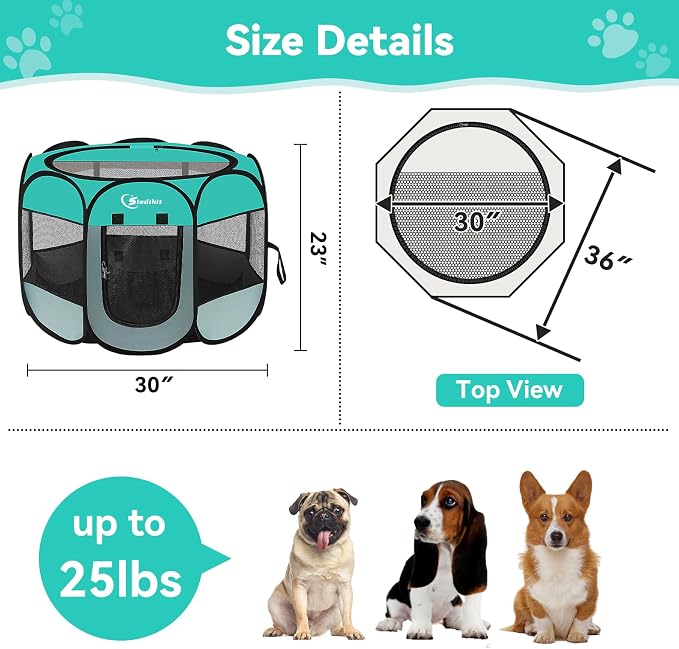 Siedihit Playpen for Middle Dog Cat, Dogs Tent Crate Cage Indoor/Outdoor, Portable Pop Up Dog Kennel with Carrying Bag for Rabbits, Removable Top (Green, Medium)