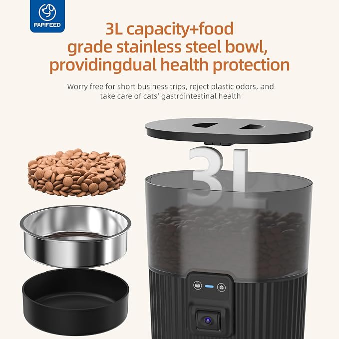 PAPIFEED Automatic Cat Feeder with Camera，‌Adjustable Angle 2.4G WiFi/App Pet Food Dispenser，3.5L/15 Cup Timed Dispenser