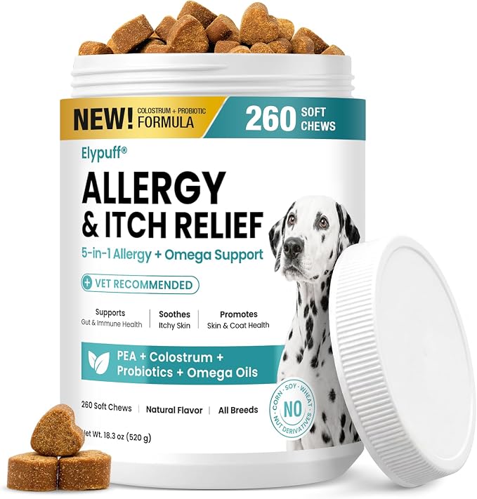 Dog Allergy Chews 260ct - Value Size Dog Allergy and Itching Skin Relief Anti Itch Aller Immune Bites for Dogs Licking Paws Treatment - Probiotics Vitamins for Itchy Skin, Ears & Yeast, Chicken Flavor