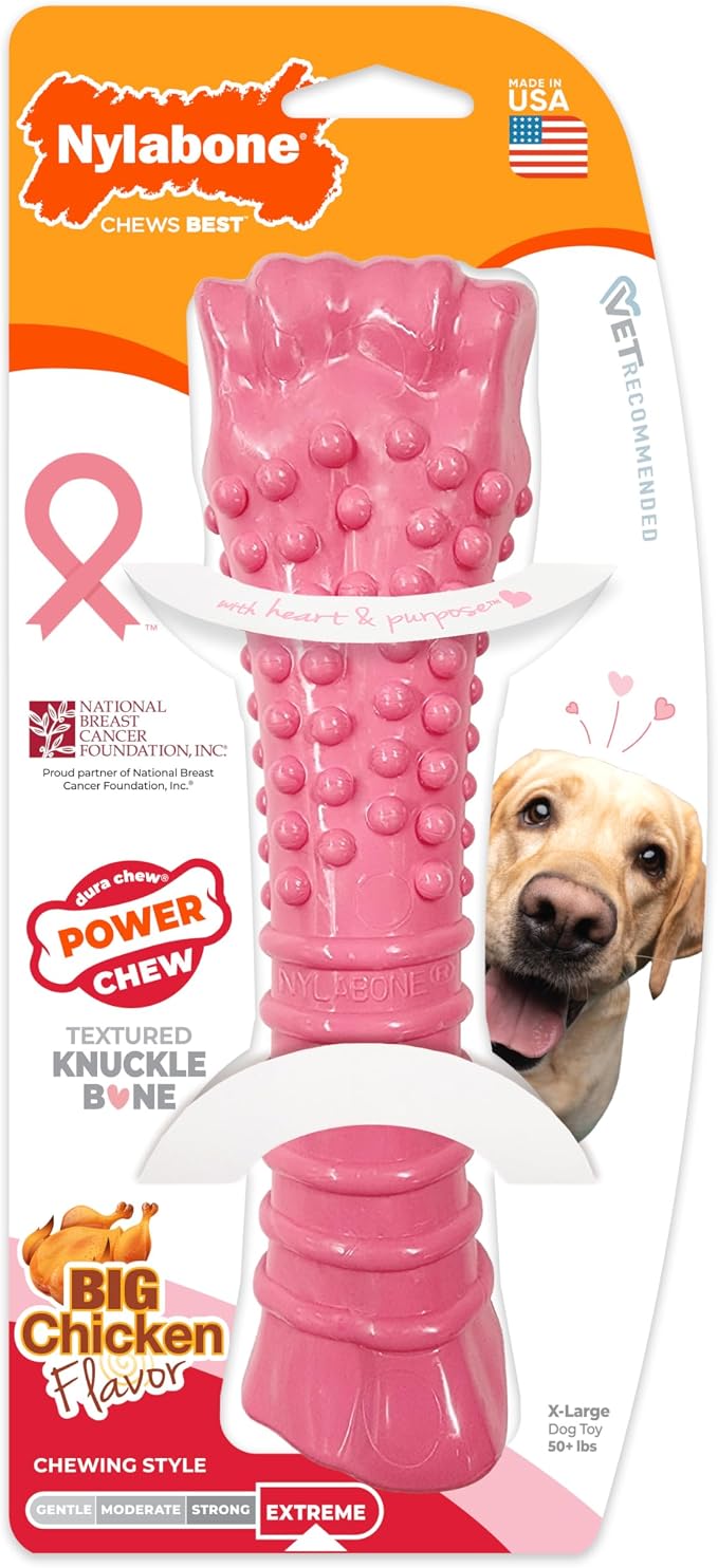 Nylabone Power Chew Breast Cancer Awareness Femur Bone Chew Toy for Dogs, Indestructible Dog Toys for Aggressive Chewers, Chicken Flavor, X-Large/Souper (1 Count) | X-large, chicken flavor, teeth-cleaning textures, durable dog toys for aggressive chewe...