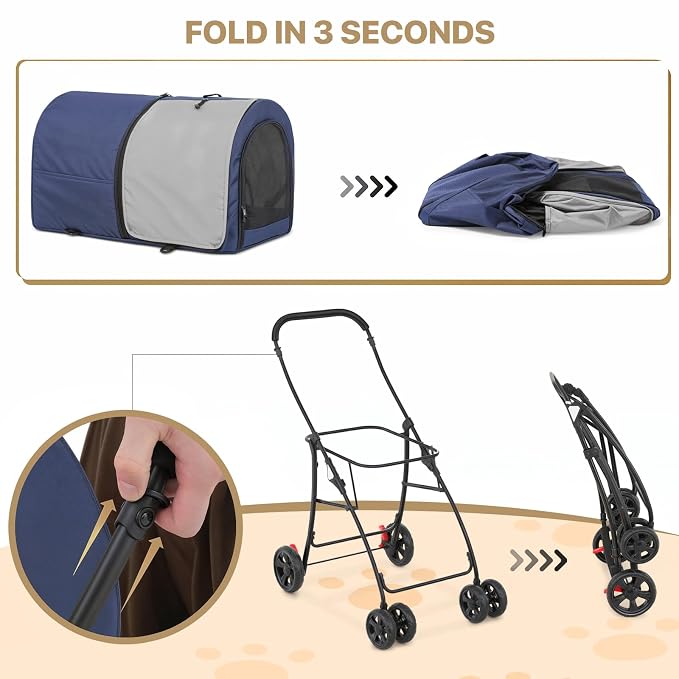 MoNiBloom Double Pet Stroller - Navy Blue/Gray, 4 Wheels