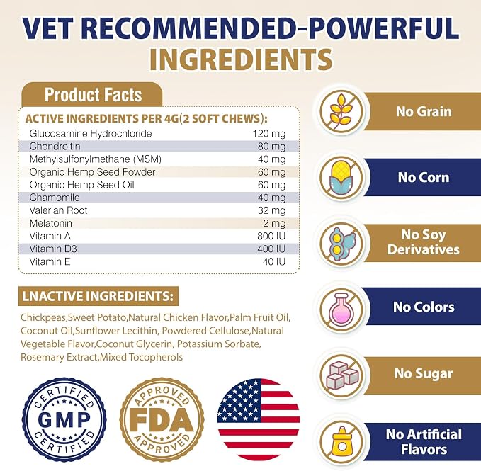 Hip and Joint Supplement for Dogs, 200ct Dog Hemp Calming Chews with Glucosamine, Msm, Chondroitin, Omega 3, Melatonin for Senior Dogs Anxiety, Pain Relief Anti Inflammatory Small/Medium/Large Breed