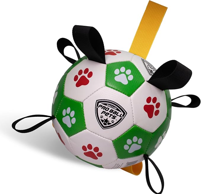 Maccabi Interactive Dog Soccer Ball for Dogs, 6” with Straps & Grab Tabs, Floats on Water, Fetch & Training Toy for Small/Medium Dogs, Herding Breeds, Waterproof Non-Toxic – ProBall Pets – Green Red