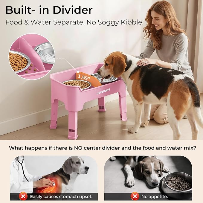 URPOWER Mess Proof Elevated Dog Bowls 4 Height Adjustable Raised Bowl Stand with 2 Stainless Steel Dog Bowls Non-Slip Food and Water Bowl Set for Small and Medium Dogs, Pink