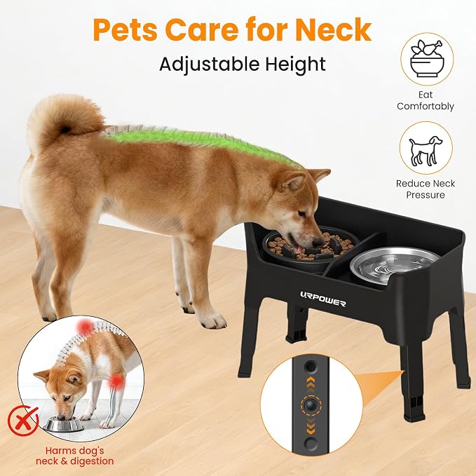 URPOWER 3-in-1 Elevated Dog Bowls - Mess Proof Double Deck 4 Height Adjustable Raised Stand with 2 Stainless Steel Food Bowls & Licking Plate for Small, Medium Dogs