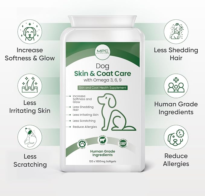 Dog Skin & Coat Supplement | Omega 3-6-9 Softgel Capsules | EPA, DHA & Linoleic Acid | Reduces Itching, Shedding & Dry Skin | Visibly Shinier Coat | Human Grade Ingredients | UK GMP | 120 Count
