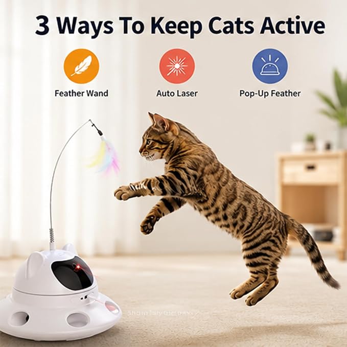 Parakeets Conures Cockatiels 3-in-1 Auto Cat Toy, USB Recharge Motion Activated Kitten Feather Chase Toy - Snow-White