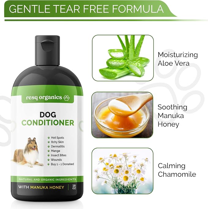 Hypoallergenic Dog Coat Conditioner- Detangles & Softens Fur, Calms Itching & Dryness, Organic Aloe Vera & Manuka Honey Soothes The Skin, Reduces Dandruff, Shedding, Scratching and More 16oz