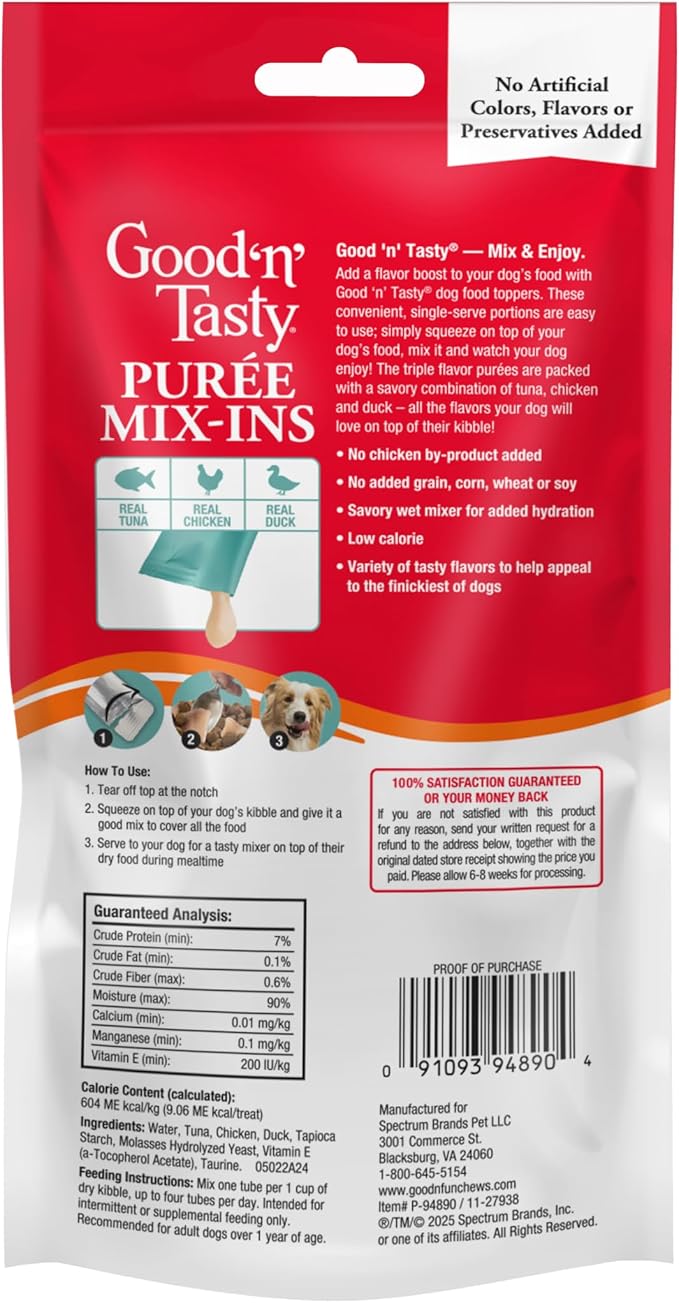 Good 'n' Tasty Triple Flavor Puree Mix-Ins Dog Food Topper Treats for All Dogs, 7 Count, Easy Single-Serve Portions, Added Protein with Tuna, Chicken and Duck