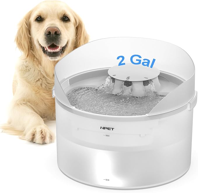 NPET Dog Water Fountain,270oz/2Gallon/8L Anti Splash Automatic Pet Drinking Fountain Super Quiet Water Feeder with Replacement Filters Easy to Clean(semi-White)