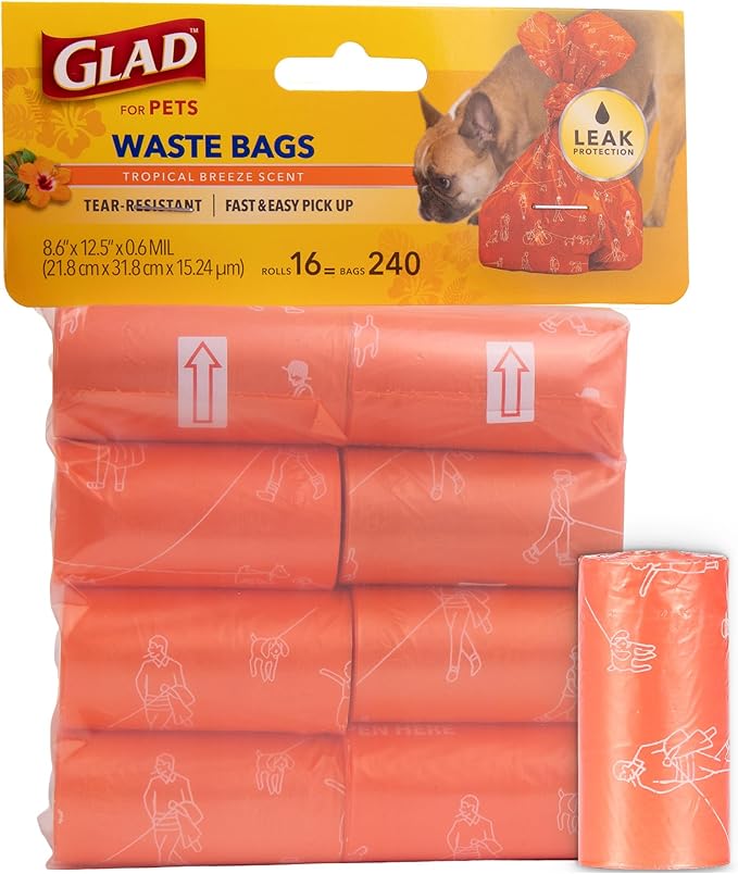 Glad for Pets Dog Waste Bags, Scented, Tear-Resistant and Leak Resistant, 16 Rolls, Heavy Duty Poop Bags for Easy Waste Cleanup, Tropical Breeze Scent, 240 Total Bags