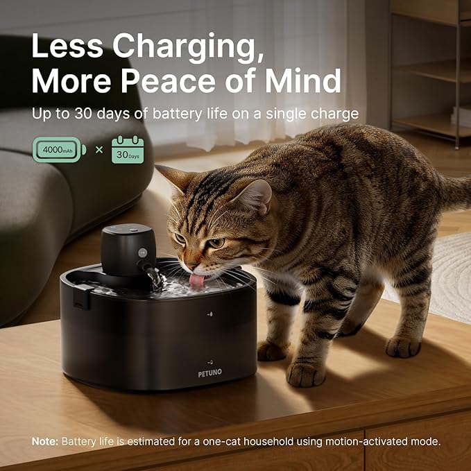 Wireless Cat Water Fountain, Cat Fountain Battery Operated, 78oz/2.3L Pet Water Fountain Cordless, 4000mAh Rechargeable Automatic Fountain with Motion Sensor, Quiet Pump & Locking Lid, with 6 Filters