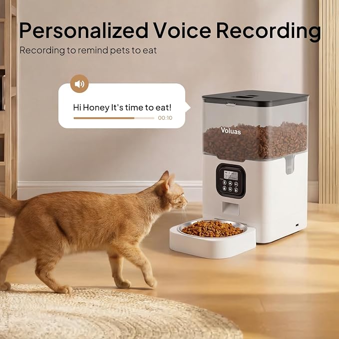 VOLUAS Automatic Cat Feeders - Pet Food Dispenser for Dry Food, Timed Cat Feeder with Desiccant Bag, Programmable Portion Size Control 4 Meals Per Day, 10s Voice Recorder